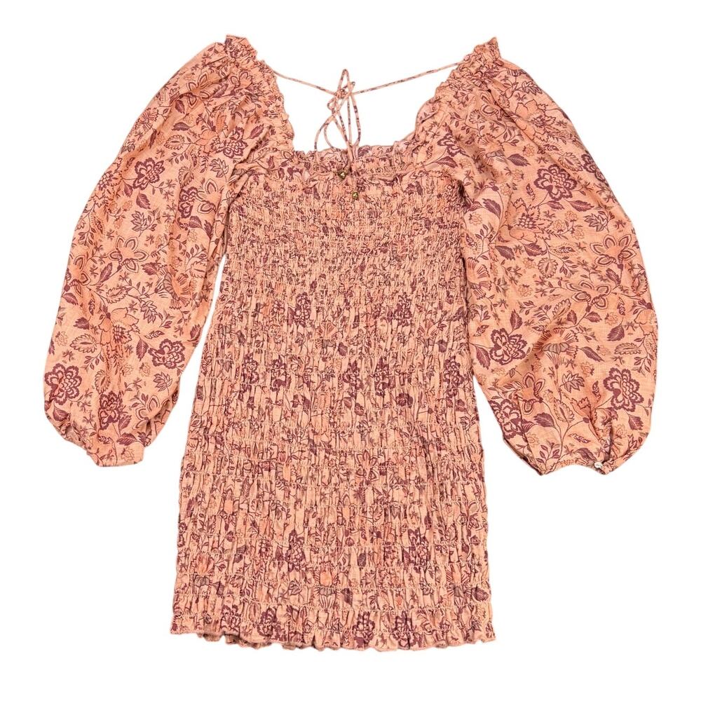FREE PEOPLE Smock It To Me Mini Dress Size Medium Apricot Combo - Picture 7 of 7